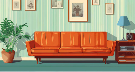 a living room with a traditional orange leather couch