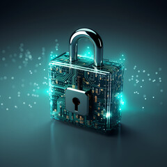 A conceptual image of a key unlocking a digital padlock.