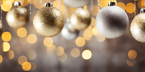 Christmas holiday background silver and gold Christmas balls hanging with defocused lights background. 
