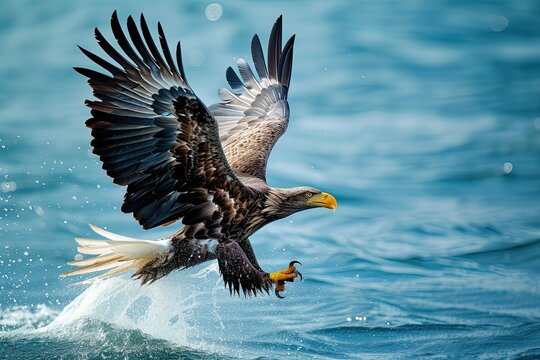 Beautiful Stellers Sea Eagle Flying By Flaps The Wings With Splash Of Water Isolated On Sea View