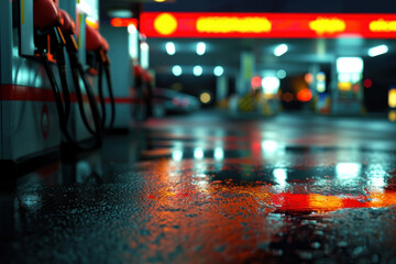 Close up of a gas station at night. The fuel crisis continues and the cost of fuel is going up