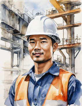 watercolor drawing. Portrait of Asian male engineer worker or industrial maintenance worker enjoy working in factory.