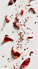 broken pieces paprika are floating over white background filled with salt and pepper, minimalism background.