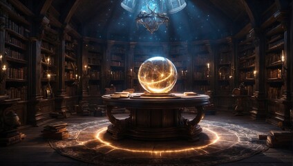 A wizard's library with floating books and a glowing orb on the central table Generative AI