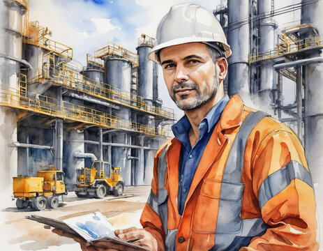 watercolor drawing. Portrait of Industry maintenance engineer man wearing uniform and safety hard hat on factory station. Industry, Engineer, construction concept.
