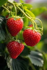 Strawberries on a strawberry plant on a strawberry plantation. Concept farm, agronomist, health, dessert, season, harvest, vitamins, berry, greenhouse, food, organic.