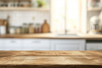 Empty wood table top and blur bokeh modern kitchen interior background in clean and bright, mock up for montage products display or design layout.
