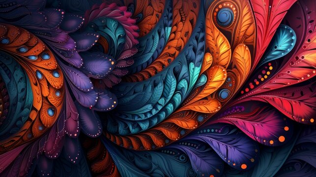 abstract background with wing like feathers decorative spiral forms. colorful. wallpaper background 16:9