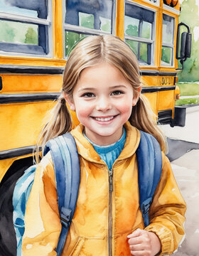 watercolor drawing. Smiling elementary student girl smiling and ready to board school bus.