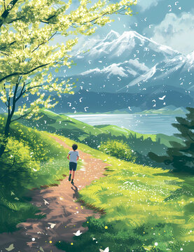 spring time background person running on path