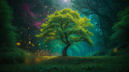 Obraz premium A tree in the middle magical forest, represents peace and union with nature