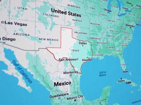 3d rendering illustration of LCD screen with USA map and Texas state highlighted