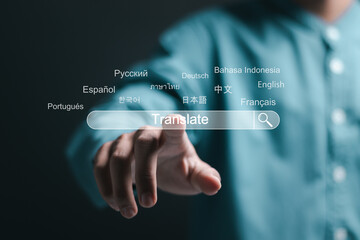 translation search concept. Person touch virtual search bar with translate word for translation of foreign languages. language course and e-learning, online language translation.