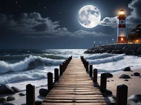 Night scene at a beach with a wooden pier leading towards a lighthouse, illuminated under the captivating glow of a full moon amidst starry skies and turbulent waves. Generative AI.