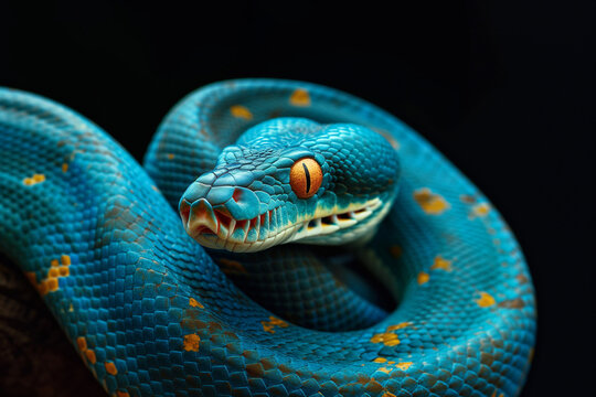 Blue viper snake closeup face, venomous reptile with striking scales, dangerous snake head, wildlife photography, serpent close view, venomous creature, reptile eyes, snake pattern, predator, serpent 