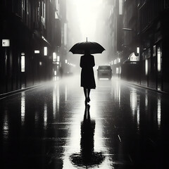 A woman walking alone in the rain