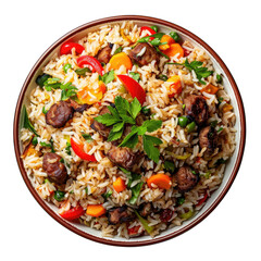 Pilaf rice with meat, carrot and onion. isolated on transparent background.