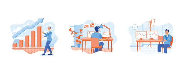 Plan business strategies for the future. The man is using a headset in the home office. Businessman observing trading charts using a laptop. Stock Trading concept. Set flat vector illustration