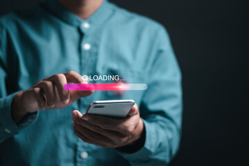 Loading process concept. Person using smartphone with virtual loading bar for download software and waiting to loading digital business data form website.