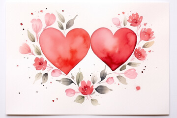 Romantic watercolor valentines day card with pink and red hearts