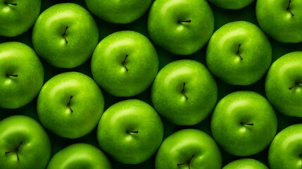 Green apples pattern on green background. Top view and flat lay.