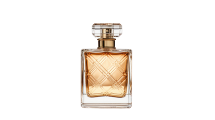 Perfume bottle for men, Parfum in Beautiful Gold Glass Bottle isolated on transparent and white background.PNG image.