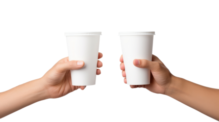 men's hands holding up disposable paper cups isolated on transparent and white background.PNG image.