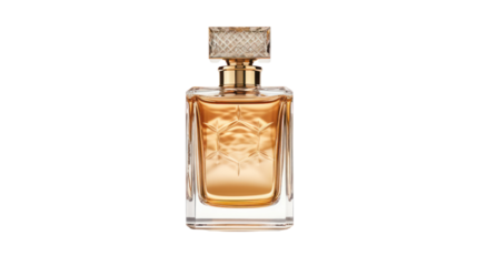 Perfume bottle for men, Parfum in Beautiful Gold Glass Bottle isolated on transparent and white background.PNG image.