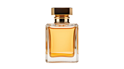 Perfume bottle for men, Parfum in Beautiful Gold Glass Bottle isolated on transparent and white background.PNG image.