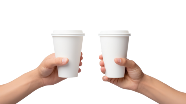 men's hands holding up disposable paper cups isolated on transparent and white background.PNG image.