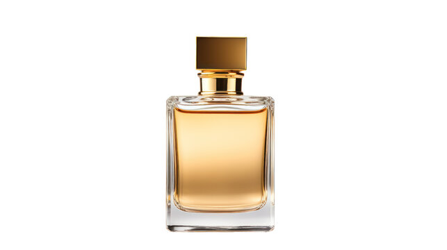 Perfume bottle for men, Parfum in Beautiful Gold Glass Bottle isolated on transparent and white background.PNG image.
