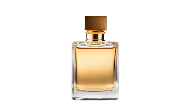 Perfume bottle for men, Parfum in Beautiful Gold Glass Bottle isolated on transparent and white background.PNG image.