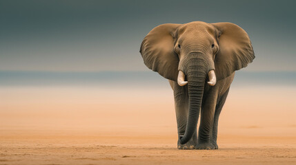 an Elephant standing against sand color background with copy space - obrazy, fototapety, plakaty