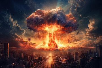 Explosion of nuclear bomb in the city. end of world illustration. Nuclear war threat concept - obrazy, fototapety, plakaty