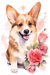 Adorable watercolor illustration of corgi dog and flowers on valentines day card