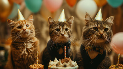 fancy dressed up cats having a birthday party with cake, balloons, gifts, decorations --ar 16:9 --stylize 250 --v 6 Job ID: f385333e-f833-49a5-b251-329971eda728