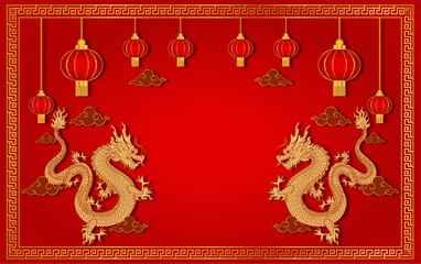  Happy Chinese new year 2024 year of dragon with Chinese lantern and red background banner