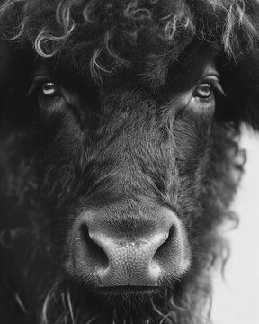 close up of a cow in black and white