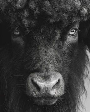 close up of a cow in black and white