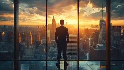 Fototapeta premium Business aspirations touching sky businessman gaze on cityscape high. Silhouettes of success dreams in urban lights future promise in professional. In heart of city ambitions fly leader stands goals