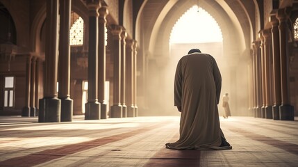 Muslim man praying in islamic mosque. Ramadan kareen and eid fitr or adha mubarak day background illustration. - obrazy, fototapety, plakaty