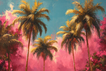 Fototapeta na wymiar tropical palms tree pastel panting, 1980s retro 