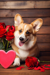 Adorable corgi dog surrounded by red roses and hearts on valentine's day card