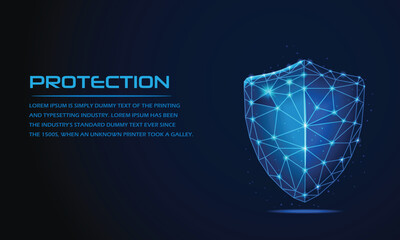 Shield. Futuristic Secure technology low polygonal guard shield symbol.3d modern Abstract wireframe vector illustration on a dark blue background. concept of data protection, Secure service. - obrazy, fototapety, plakaty