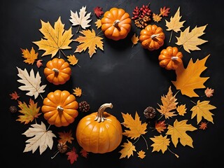 Naklejka na ściany i meble Autumn leaves and pumpkins on a dark background. Top view, copy space. Generative AI.
