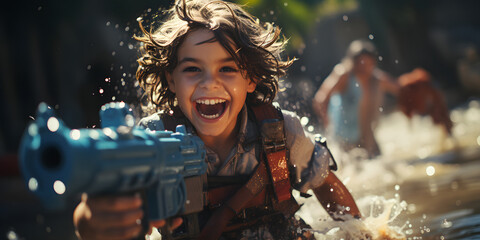 Little Boy Holding His Water Gun, Playing Happily - obrazy, fototapety, plakaty