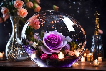 crystals decoration on the shinning on the red and pink colorful balls in the background with colorful fished and flowers in the crystal balls background 