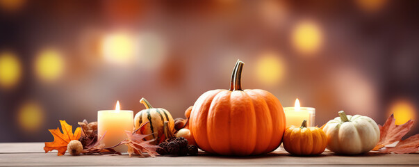 Naklejka na ściany i meble Autumn-Themed Centerpiece Featuring Pumpkins and Dried Flowers on a Warm Backdrop