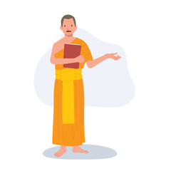  Buddhist Education concept. Thai Monk as a teacher holding book and giving knowledge in buddhism.