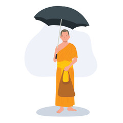Thai Monk in Traditional Robes with Black Umbrella and fabric bag